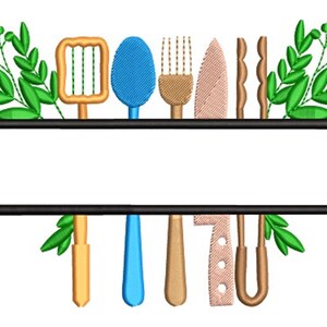 May include: An embroidered design featuring various kitchen utensils in shades of gold, blue, and tan, arranged above and below a horizontal black line. Green leafy accents frame the design, with the word "5 Sizes" in the bottom right corner.