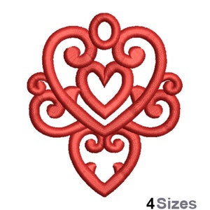 FSL Decorated Heart Machine Embroidery Design - 3 Sizes, Freestanding Lace Earring Embroidery Pattern, FSL Ornament Embroidery Design