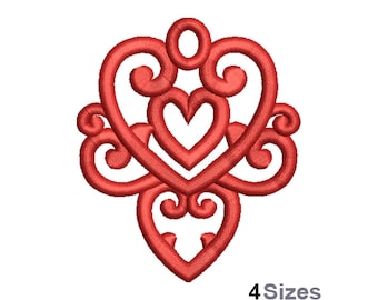 FSL Decorated Heart Machine Embroidery Design - 3 Sizes, Freestanding Lace Earring Embroidery Pattern, FSL Ornament Embroidery Design