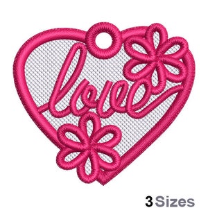 FSL Love Heart Machine Embroidery Design - 3 Sizes, Freestanding Lace Heart Pendant Embroidery Pattern, FSL Valentines Flowers Charm Design