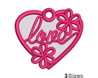 FSL Love Heart Machine Embroidery Design - 3 Sizes, Freestanding Lace Heart Pendant Embroidery Pattern, FSL Valentines Flowers Charm Design