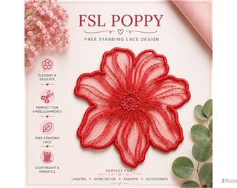 Motif de broderie machine Coquelicot FSL - 2 tailles, motif de broderie florale en dentelle autoportante, motif de broderie florale en dentelle, téléchargement numérique