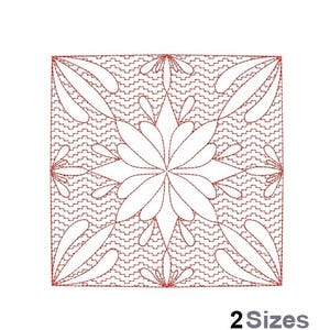 Pode incluir: Um contorno vermelho de um desenho geométrico com um padrão de flor no centro. O desenho é composto por linhas curvas e pequenos círculos. O texto "2 Sizes" está na parte inferior da imagem.