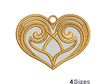 Coeur tourbillonnant FSL - motif de broderie Machine - 4 tailles, motif de broderie boucle d'oreille dentelle autoportant, motif de broderie coeur doré FSL