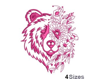 Tête d'ours bohème - motif de broderie Machine - 4 tailles, ours tribal, motif de broderie floral ours, demi-fleurs tête d'ours, ours Boho