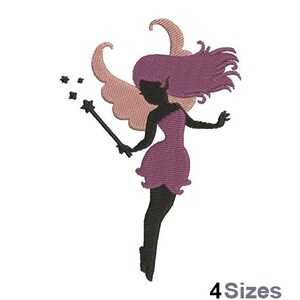 Op de afbeelding: Een silhouet van een fee met roze haar en een paarse jurk die een toverstaf met sterren vasthoudt. De fee vliegt met haar vleugels uitgespreid.