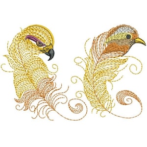 Pájaros con plumas - Diseño de bordado a máquina, Patrón de bordado de cabeza de pájaro, Diseño de bordado de dos plumas de pájaro