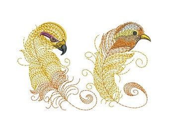 Pájaros con plumas - Diseño de bordado a máquina, Patrón de bordado de cabeza de pájaro, Diseño de bordado de dos plumas de pájaro
