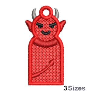 May include: Embroidered red devil design with horns, a tail, and a smiling face. The design includes a loop at the top for hanging. The text "3 Sizes" is at the bottom.