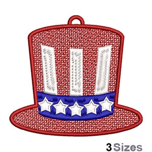 May include: Red, white, and blue Uncle Sam hat embroidery design. The hat has a red brim, a white band with stars, and a red top with white stripes.