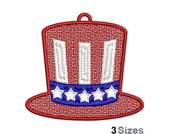 FSL Patriotic Top Hat - Machine Embroidery Design - 3 Sizes, Freestanding Lace Earring Embroidery Pattern, FSL American Flag Hat Ornament