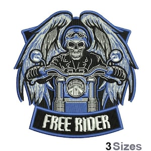 May include: Embroidered patch featuring a skeleton riding a motorcycle with wings. The motorcycle is blue and black, and the wings are white and gray. The text "FREE RIDER" is written in white on a black banner.