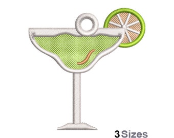 Diseño de bordado para máquina de bebidas margarita FSL (3 tamaños), patrón de bordado para aretes de encaje independientes, diseño de adorno para copa de cóctel FSL