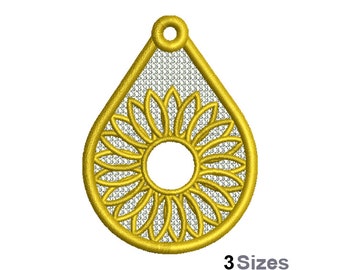 FSL Flower Machine Embroidery Design - 3 Sizes, Freestanding Lace Earring Embroidery Pattern, FSL Floral Teardrop Ornament Embroidery Design