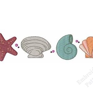 May include: Embroidered design featuring a starfish, a clam shell, a nautilus shell, and a scallop shell. The starfish is red, the clam shell is gray, the nautilus shell is teal, and the scallop shell is orange.