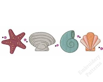 Bordure de coquillages plage motif de broderie Machine - Étoile de mer, coquillage, motif de broderie palourde, thème océan nautique en téléchargement numérique