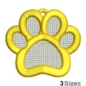 May include: A yellow paw print embroidery design with a textured fill. The design is available in three sizes.