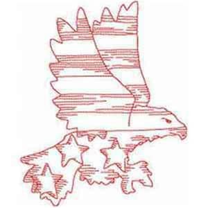 May include: Red line drawing of an eagle with outstretched wings, featuring stars and stripes. The design is a patriotic symbol, perfect for apparel or home decor.