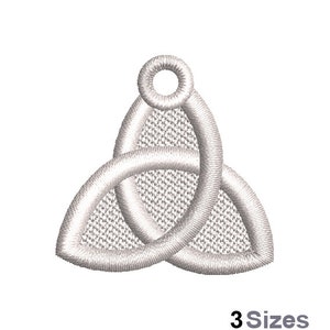 May include: A white embroidered Celtic knot design with a circular top and three interconnected loops. The design is set against a white background. The text "3 Sizes" is at the bottom.