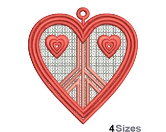 Coeur signe de la paix FSL - motif de broderie Machine - 4 tailles, motif de broderie boucle d'oreille dentelle autoportant, motif de broderie ornement FSL