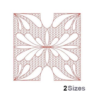 Pode incluir: Um desenho de linha vermelha de um padrão geométrico com um design floral. O padrão é composto por círculos e curvas sobrepostos. O design é simétrico e tem um padrão repetitivo. A imagem inclui o texto "2 Sizes".