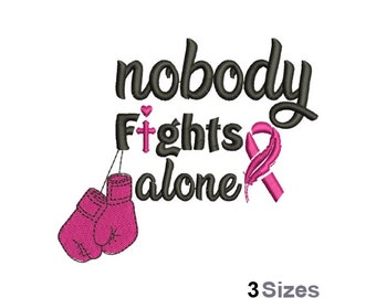 Ninguém luta sozinho - Desenho de bordado à máquina - 3 tamanhos, Desenho de bordado com fita rosa de conscientização, Bordado de luvas de boxe, Fita da Esperança