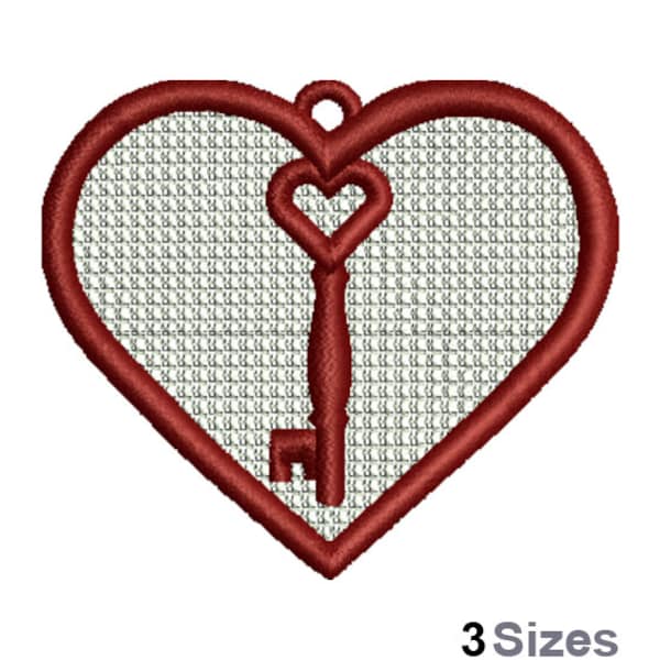 FSL Love Heart Key Machine Embroidery Design - 3 Sizes, Freestanding Lace Earring Embroidery Pattern, FSL Valentines Ornament Embroidery