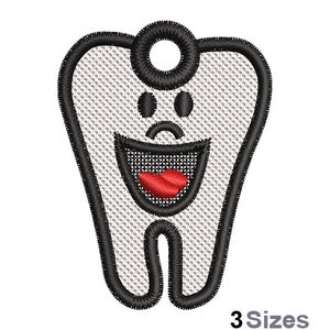 May include: A white tooth with a black outline and a red tongue sticking out. The tooth has a happy face and a small hole at the top. The image says "3 Sizes" at the bottom.