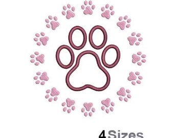 Huellas de perro en círculo - Diseño de bordado a máquina - 4 tamaños, patrón de bordado de huellas de cachorro, diseño de bordado de huellas de patas en círculo