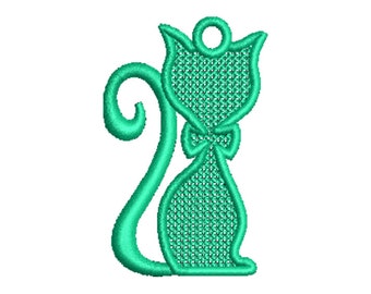FSL Stylish Cat Machine Embroidery Design - 3 Sizes, Freestanding Lace Earring Embroidery Pattern, FSL Kitten Ornament Embroidery Design