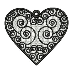 FSL Swirl Heart Machine Embroidery Design - 4 sizes, Freestanding Lace Earring Embroidery Pattern, FSL Swirly Heart Ornament Embroidery