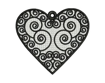 FSL Swirl Heart Machine Embroidery Design - 4 sizes, Freestanding Lace Earring Embroidery Pattern, FSL Swirly Heart Ornament Embroidery