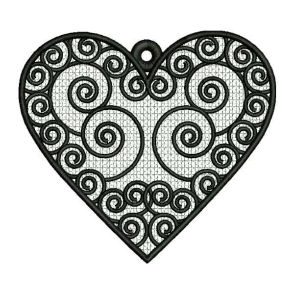 FSL Swirl Heart Machine Embroidery Design - 4 sizes, Freestanding Lace Earring Embroidery Pattern, FSL Swirly Heart Ornament Embroidery