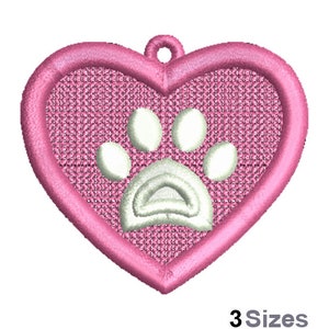 FSL Dog Paw Print Heart Machine Embroidery Design - 3 Sizes, Freestanding Lace Earring Embroidery Pattern, FSL Heart Ornament Embroidery