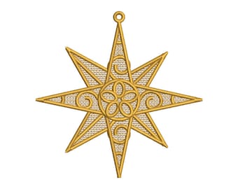 Diseño de bordado a máquina de estrella navideña FSL - 3 tamaños, patrón de bordado para pendientes de encaje independientes, diseño de bordado para adorno navideño FSL