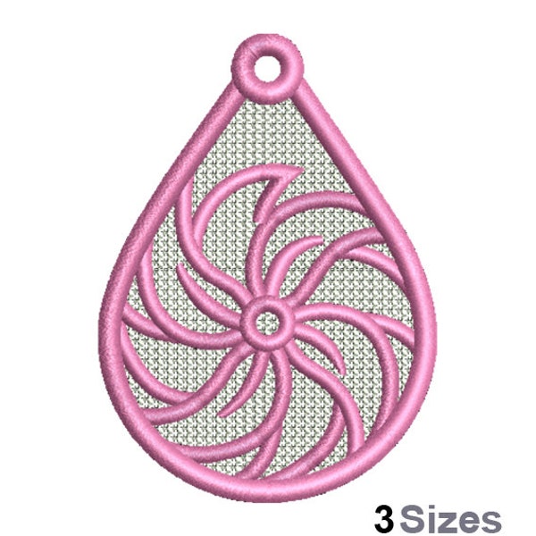 FSL Swirling Flower Machine Embroidery Design - 3 Sizes, Freestanding Lace Earring Embroidery Pattern, FSL Floral Teardrop Ornament Design