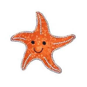 Puede incluir: Estrella de mar naranja con una cara sonriente, un contorno blanco y un patrón floral.