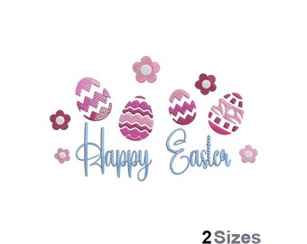 Happy Easter Eggs - Machine Embroidery Design - 2 Sizes, Decorated Easter Eggs Embroidery Pattern, Spring Flowers Embroidery Design
