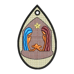 FSL Teardrop Nativity Scene Machine Embroidery Design - 4 Sizes, Freestanding Lace Earring Embroidery Pattern, FSL Religious Ornament Design