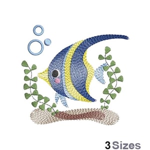 Fish Bubbles - machineborduurontwerp - 3 maten, borduurontwerp zeewier, borduurpatroon exotische vissen