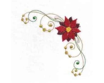 Diseño de bordado a máquina de decoración de esquina con flor de Pascua navideña - Patrón de bordado de adorno navideño, descarga digital de flores festivas para las fiestas