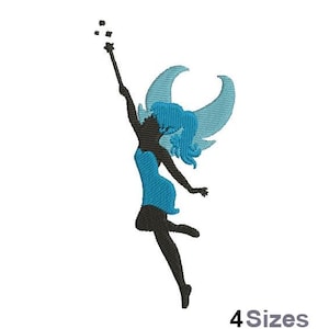 May include: A blue silhouette of a fairy with wings, holding a wand and a star. The fairy is flying in the air.