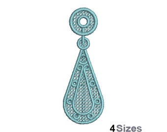 Motif de broderie Machine FSL boucle d'oreille en forme de larme - 3 tailles, motif de broderie pendentif en dentelle autoportant, motif de broderie ornement FSL