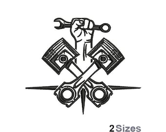 Crossed Pistons - Machine Embroidery Design - 2 Sizes, Mechanic Hand With Wrench Embroidery Pattern, Spanner Tool, Car Engine Pistons Design