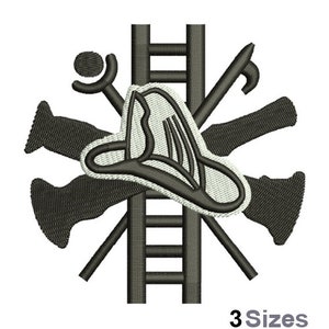 May include: Black and white embroidery design of a firefighter's helmet, ladder, axe, and hose. The design is in the shape of a cross. The text "3 Sizes" is below the design.