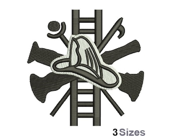 Logo pompier - motif de broderie Machine - 3 tailles, motif de broderie casque de pompier, broderie échelle de pompier, équipement de pompier
