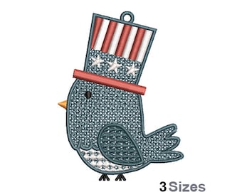 Pájaro patriótico FSL - Diseño de bordado a máquina - 3 tamaños, patrón de bordado de aretes de encaje independientes, diseño de adorno de sombrero de pájaro del 4 de julio