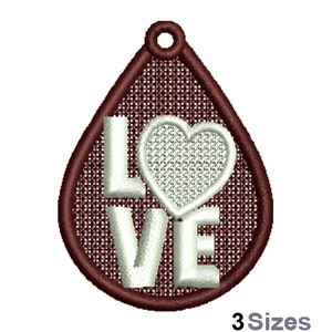 FSL Love Heart Machine Embroidery Design - 3 Sizes, Freestanding Lace Earring Embroidery Pattern, FSL Valentines Teardrop Ornament Design