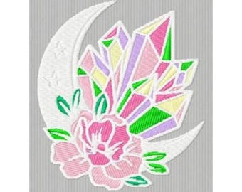 Moon Crystal With Flower Machine Embroidery Design, Colorful Crystals Embroidery Pattern, Floral Moon Embroidery Design, Digital Download