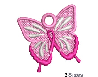 Diseño de bordado a máquina de mariposa con lazo de concientización FSL (3 tamaños), patrón de bordado para aretes de encaje independientes, adorno de lazo rosa FSL
